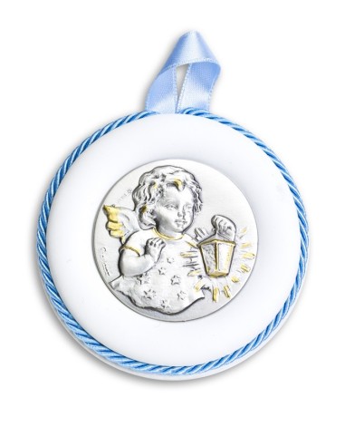 Sterling Silver Light Blue Guardian Angel with light Cradle Medallion