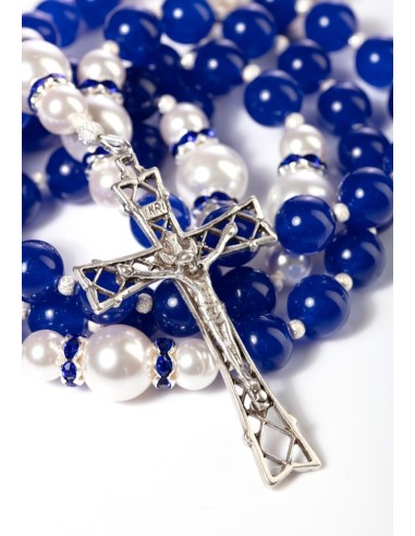 Deep Blue Jade,  Pearls, Sterling Silver Precious Crucifix And Center  | Vatican Gift