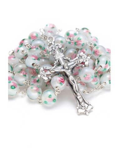 Pale White and rose Murano Glass Rosary Big - Baroque Crucifix  | Vatican Gift