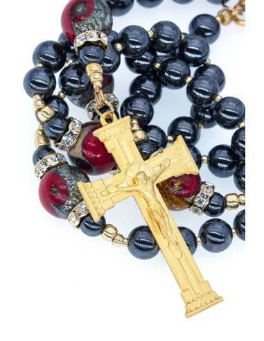 Steel Gray Hematite and Ruby Red Rosary