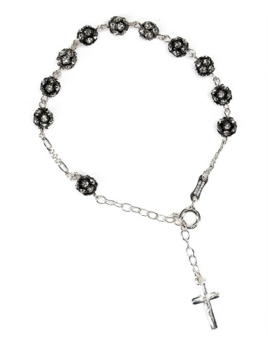 Black Beads Strass Sterling Silver Rosary Bracelet | Vatican Gift