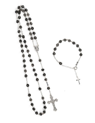 Black Beads Strass Sterling Silver Rosary Set | Vatican Gift