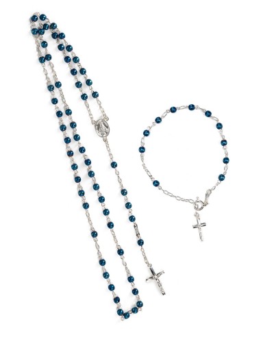 Matt and Shiny Blue Beads Sterling Rosary Set | Vatican Gift