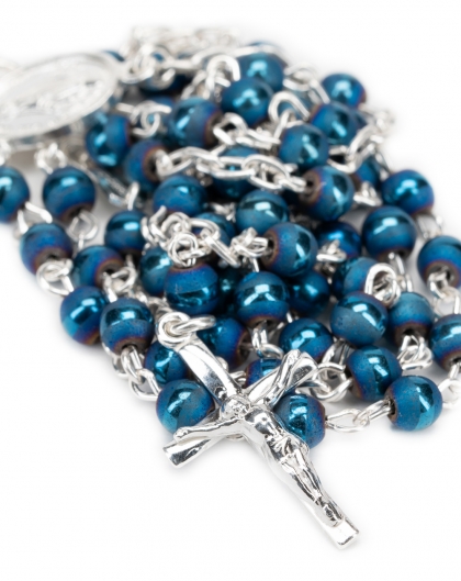 Matt and Shiny Blue Beads Sterling Silver Rosary