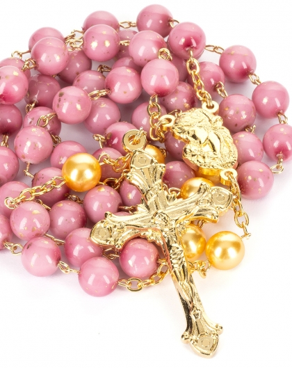 Pink Bohemian Glass Golden Pearls Rosary