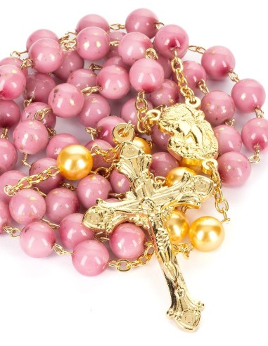 Pink Bohemian Glass Golden Pearls Rosary