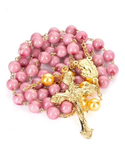 Pink Bohemian Glass Golden Pearls Rosary