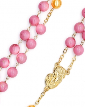 Pink Bohemian Glass Golden Pearls Rosary