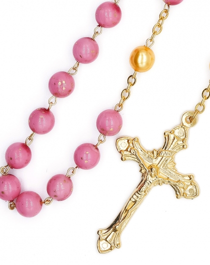 Pink Bohemian Glass Golden Pearls Rosary