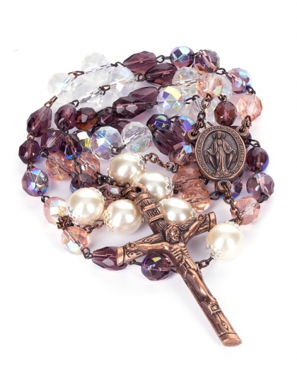 Purple Pink Bohemian Glass Bronze Rosary