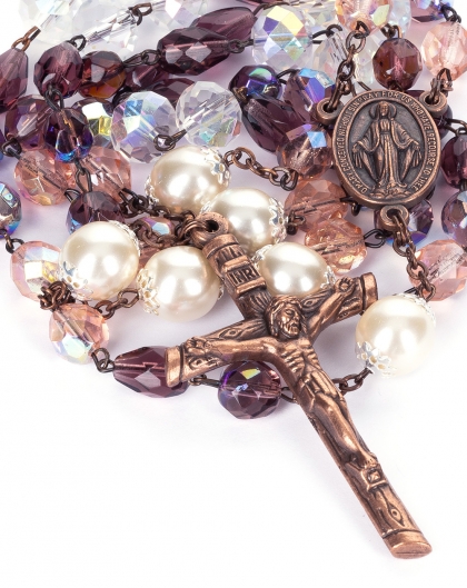 Purple Pink Bohemian Glass Bronze Rosary