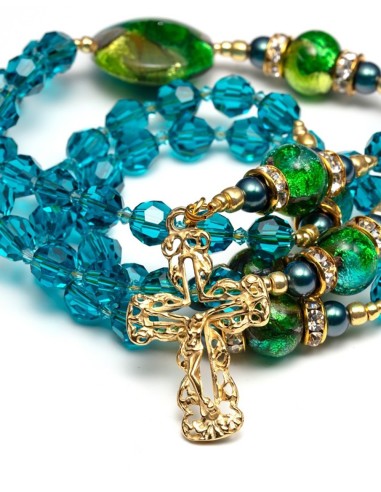 Bluish Green  Crystals And Murano Glass Rosary Necklace  | Vatican Gift