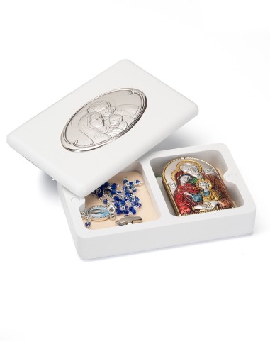 Holy Family Metal Icon Blue Glass Rosary Wooden Box Set