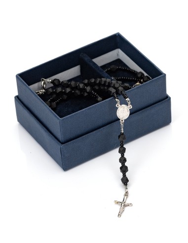 Black Matte Faceted Glass Sterling Silver Rosary Necklace Bracelet Set