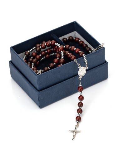 Mahogany Wood Sterling Silver Hematite Rosary Necklace Bracelet Set